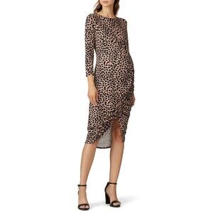 INGRID & ISABEL Leopard Maternity Dress S Stretch Knit Long Sleeve Brown B32